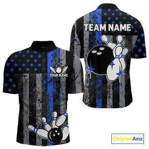 Blue Grunge American Flag Patriotic Bowling Shirt For Men Custom Bowling Team Jersey Polo, 1/4 Zip TDM4851