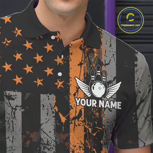 Orange Grunge American Flag Patriotic Bowling Shirts For Men Custom Bowling Team Jerseys TDM4852