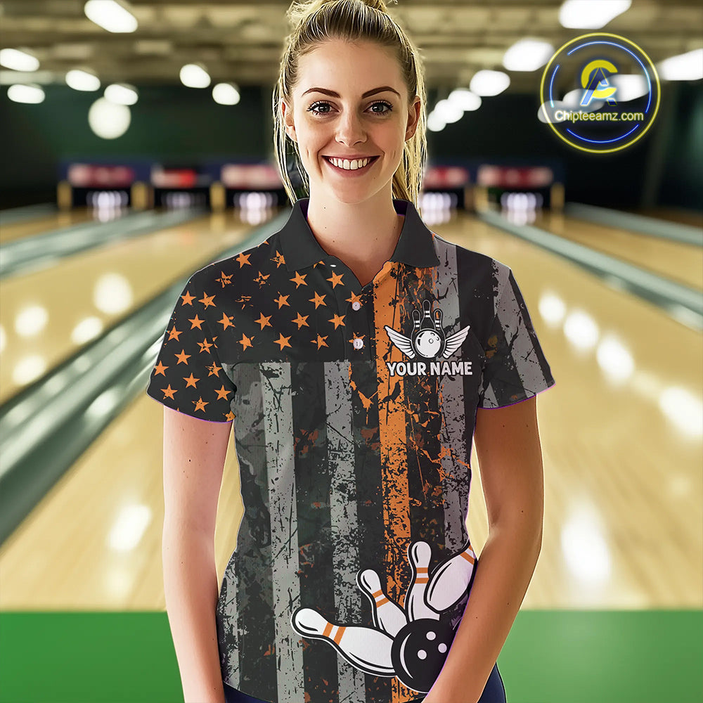 Orange Grunge American Flag Patriotic Bowling Shirts For Women Custom Bowling Team Jerseys TDM4852