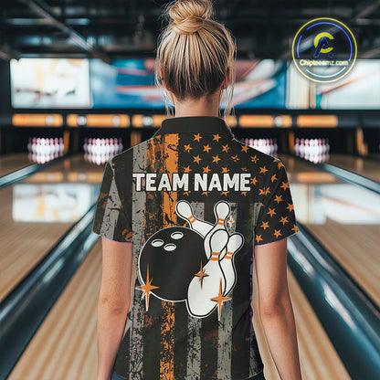 Orange Grunge American Flag Patriotic Bowling Shirts For Women Custom Bowling Team Jerseys TDM4852