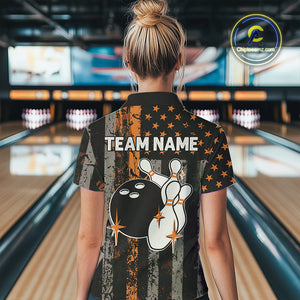 Orange Grunge American Flag Patriotic Bowling Shirts For Women Custom Bowling Team Jerseys TDM4852