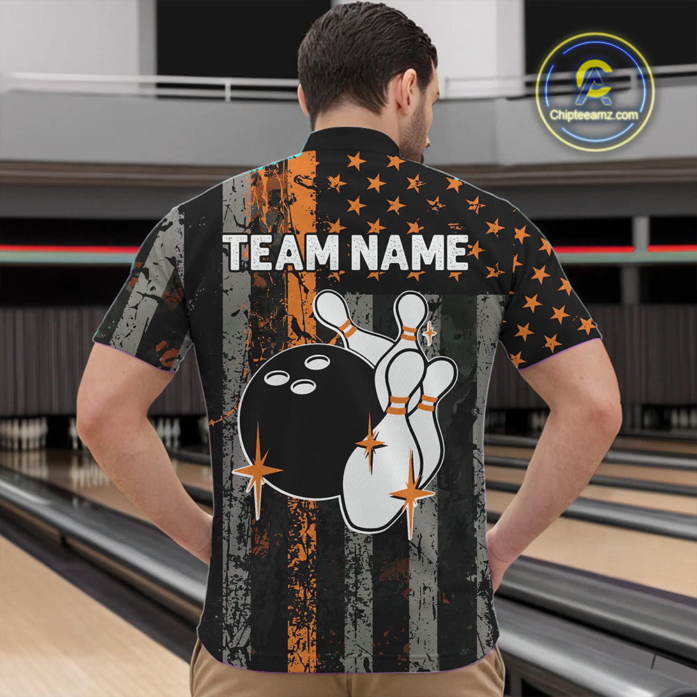 Orange Grunge American Flag Patriotic Bowling Shirts For Men Custom Bowling Team Jerseys TDM4852