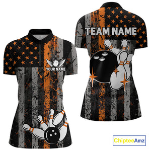 Orange Grunge American Flag Patriotic Bowling Shirts For Women Custom Bowling Team Jerseys TDM4852