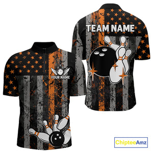 Orange Grunge American Flag Patriotic Bowling Shirts For Men Custom Bowling Team Jerseys TDM4852