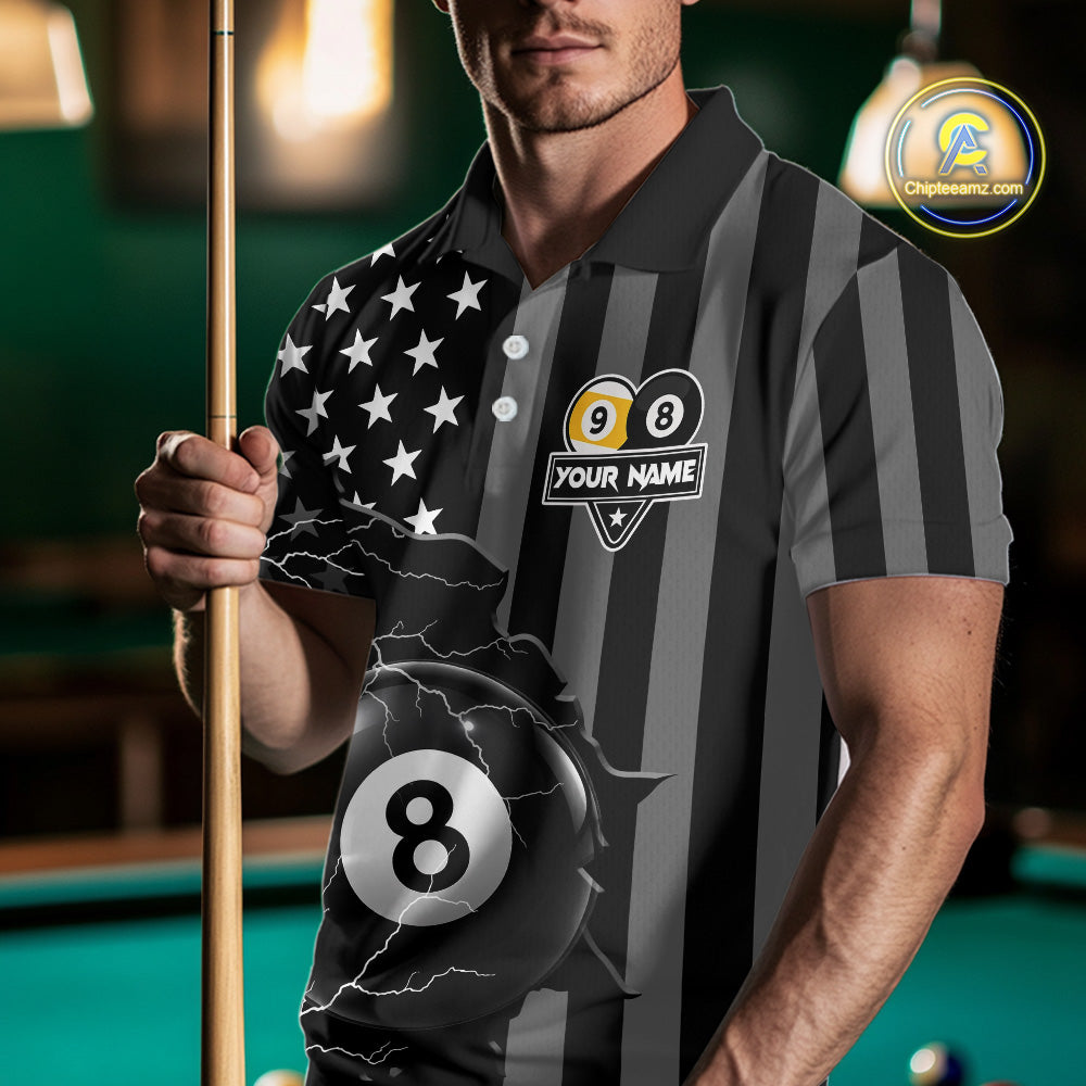 Black American Flag 8 Ball & 9 Ball Billiard Shirts For Men Custom Lightning Pool Team Jersey TDM7640