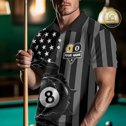 Black American Flag 8 Ball & 9 Ball Billiard Shirts For Men Custom Lightning Pool Team Jersey TDM7640