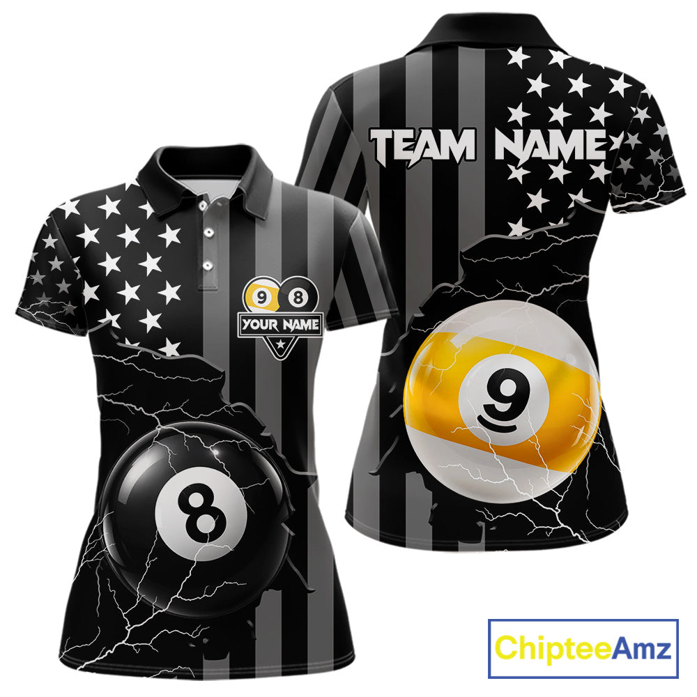 Black American Flag 8 Ball & 9 Ball Billiard Shirts For Women Custom Lightning Pool Team Jersey TDM7640