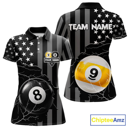 Black American Flag 8 Ball & 9 Ball Billiard Shirts For Women Custom Lightning Pool Team Jersey TDM7640