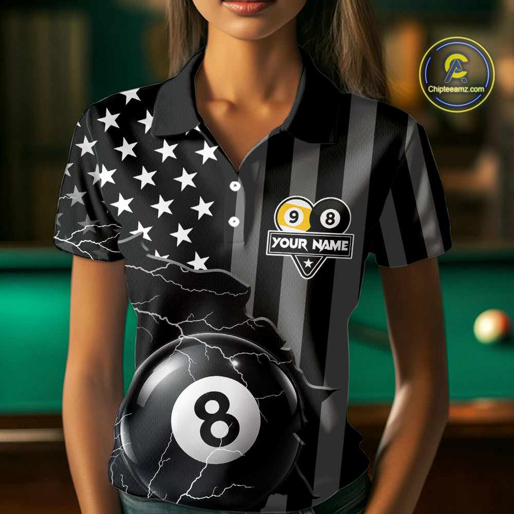 Black American Flag 8 Ball & 9 Ball Billiard Shirts For Women Custom Lightning Pool Team Jersey TDM7640