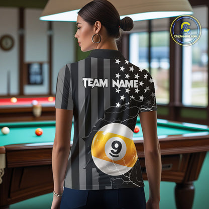 Black American Flag 8 Ball & 9 Ball Billiard Shirts For Women Custom Lightning Pool Team Jersey TDM7640