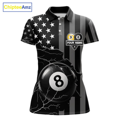Black American Flag 8 Ball & 9 Ball Billiard Shirts For Women Custom Lightning Pool Team Jersey TDM7640