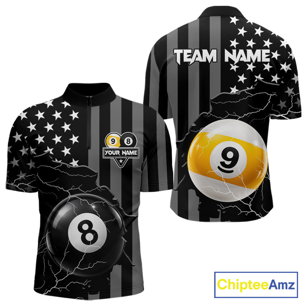 Black American Flag 8 Ball & 9 Ball Billiard Shirts For Men Custom Lightning Pool Team Jersey TDM7640
