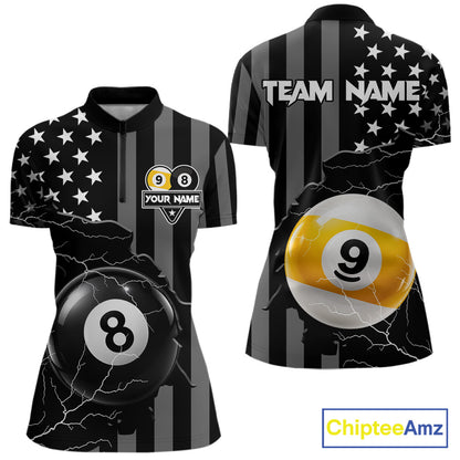 Black American Flag 8 Ball & 9 Ball Billiard Shirts For Women Custom Lightning Pool Team Jersey TDM7640
