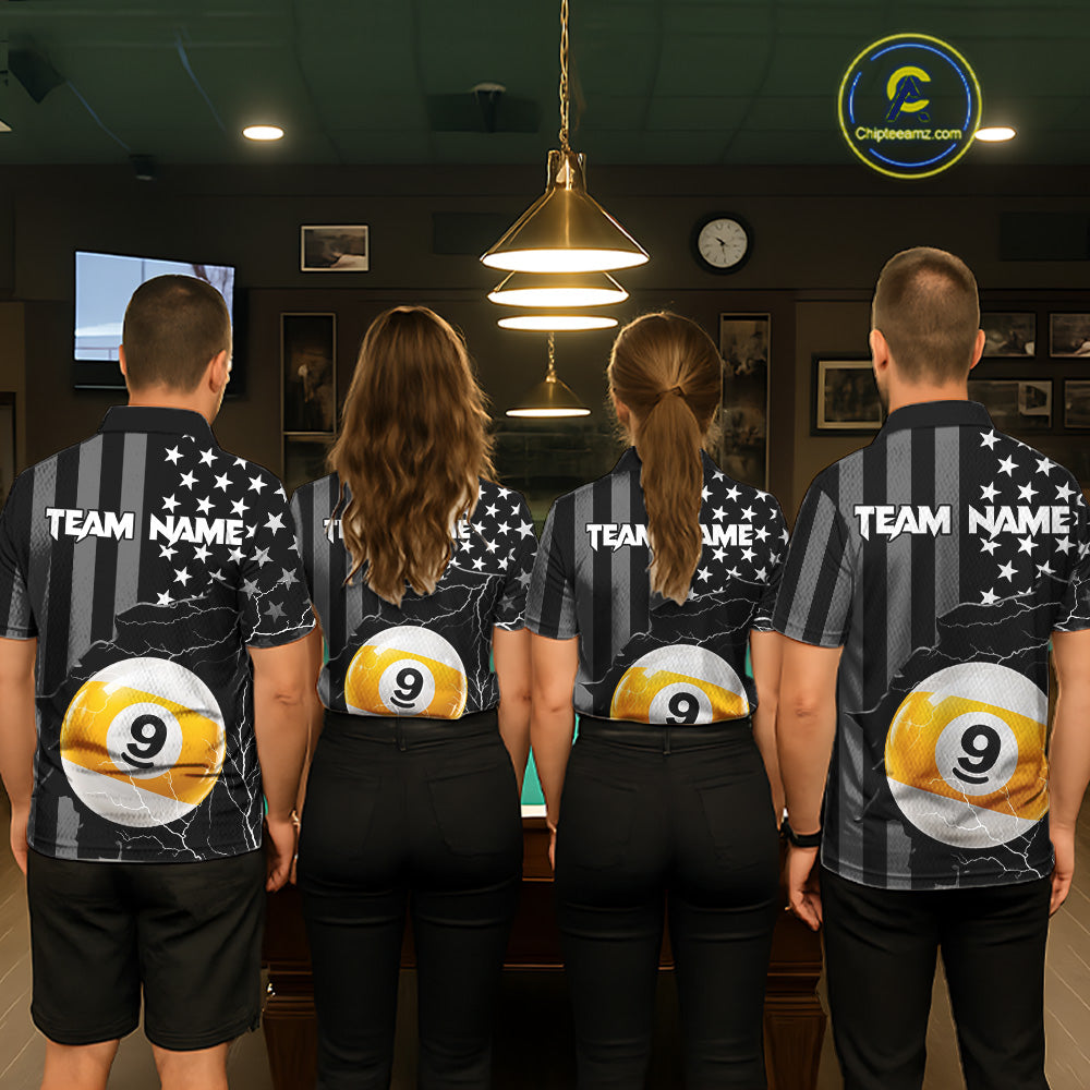 Black American Flag 8 Ball & 9 Ball Billiard Shirts For Women Custom Lightning Pool Team Jersey TDM7640
