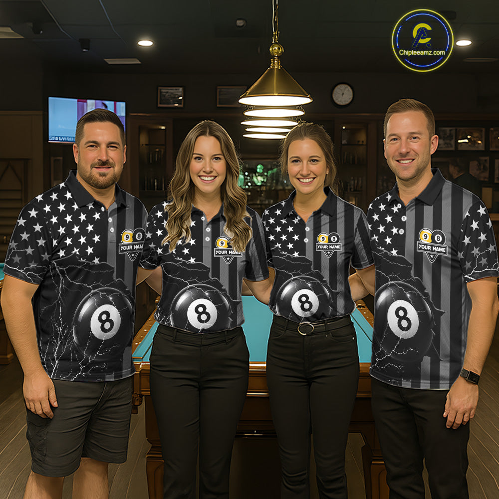 Black American Flag 8 Ball & 9 Ball Billiard Shirts For Women Custom Lightning Pool Team Jersey TDM7640