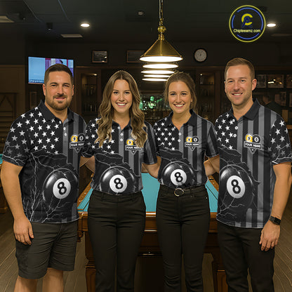Black American Flag 8 Ball & 9 Ball Billiard Shirts For Women Custom Lightning Pool Team Jersey TDM7640