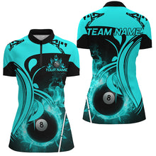 Load image into Gallery viewer, Personalized Turquoise 8 Ball Pool Fire Burned Billiard Shirts For Women Billiard League Team Jerseys TDM2826