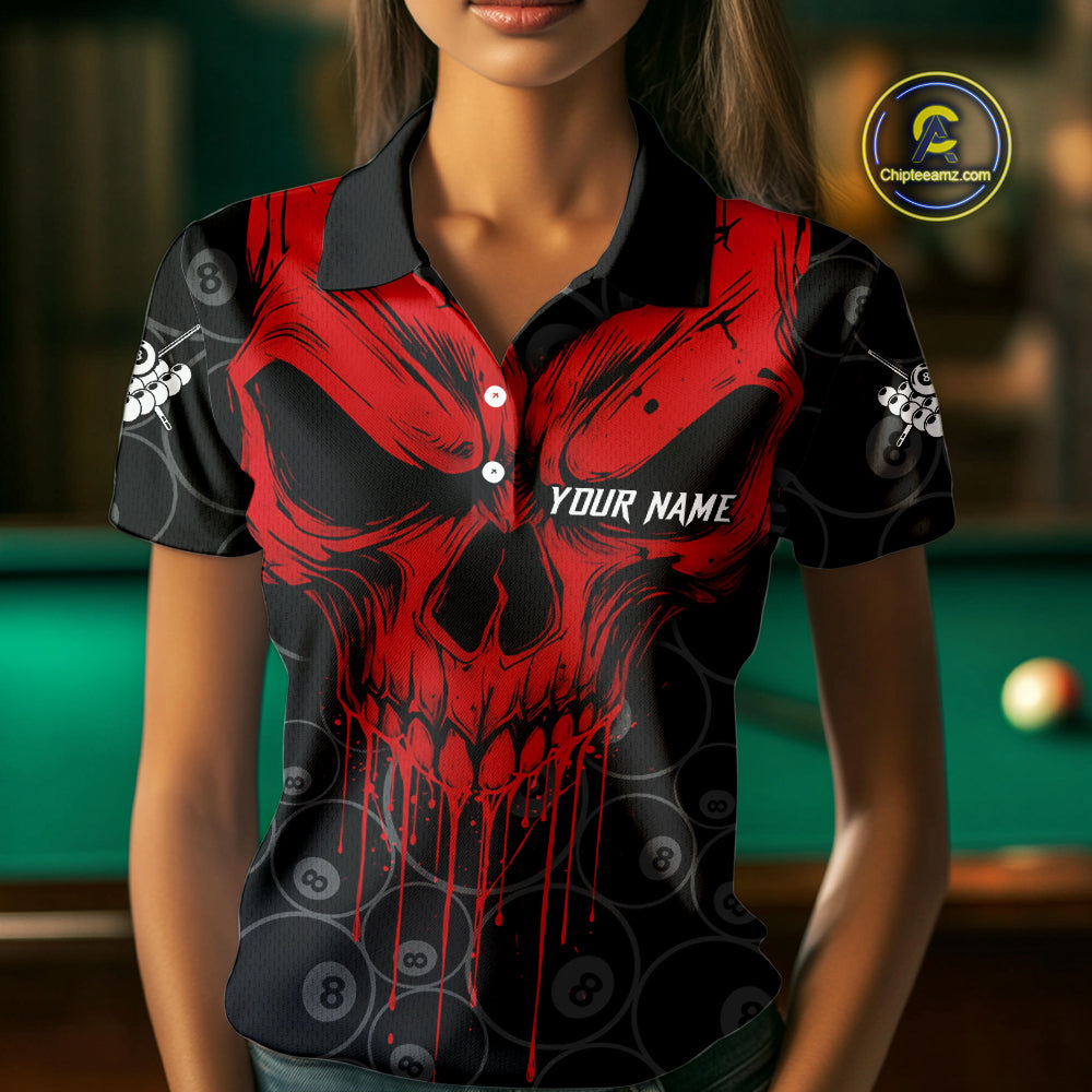 Personalized Skull 8 Ball Billiard Shirt For Women Custom Pool Team Jersey Polo & 1/4 Zip |Red TDM5069
