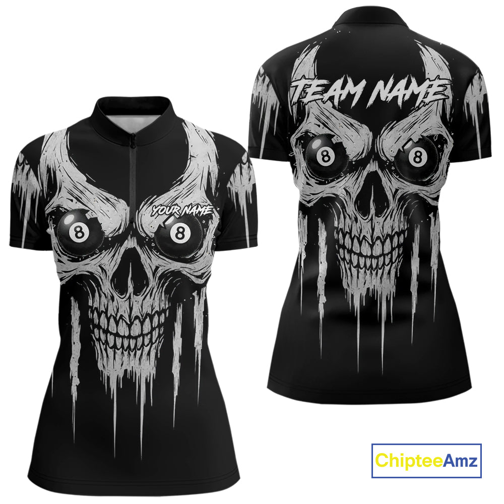 White Black Grunge Skull Billiard Jersey For Women Custom 8 Ball Pool Billiard Shirt Polo & 1/4 Zip TDM5073