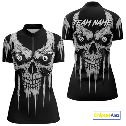 White Black Grunge Skull Billiard Jersey For Women Custom 8 Ball Pool Billiard Shirt Polo & 1/4 Zip TDM5073