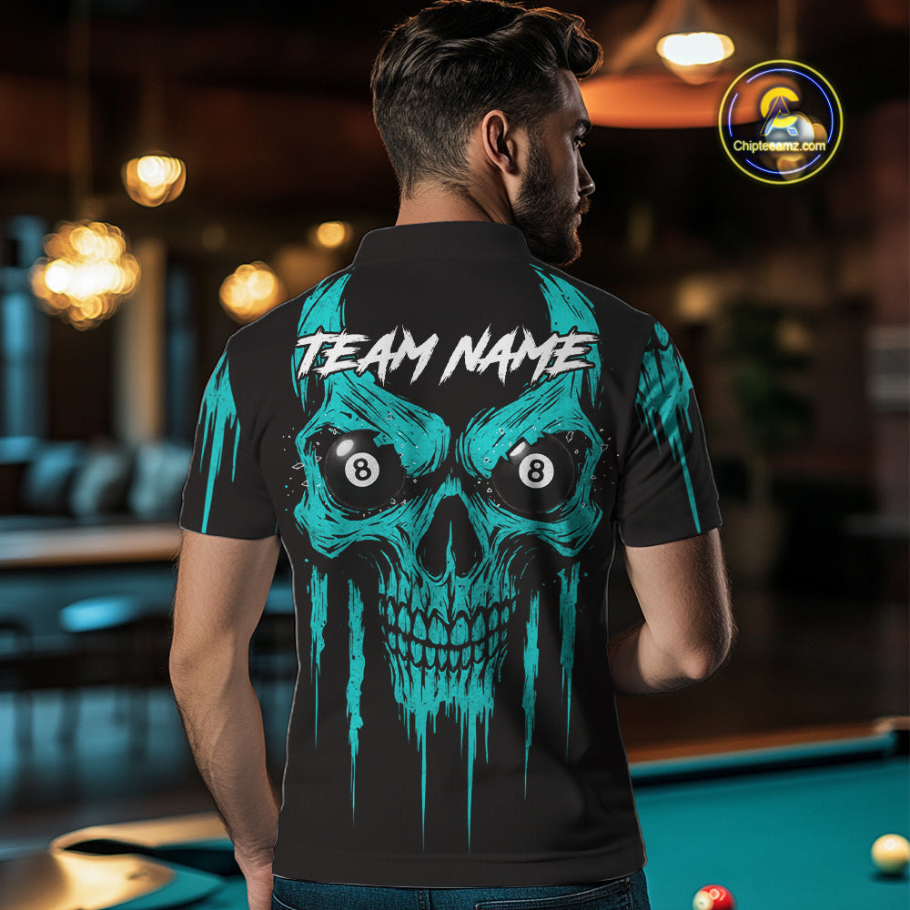 Turquoise Grunge Skull Billiard Jersey For Men Custom 8 Ball Pool Billiard Shirt Polo & 1/4 Zip TDM5074