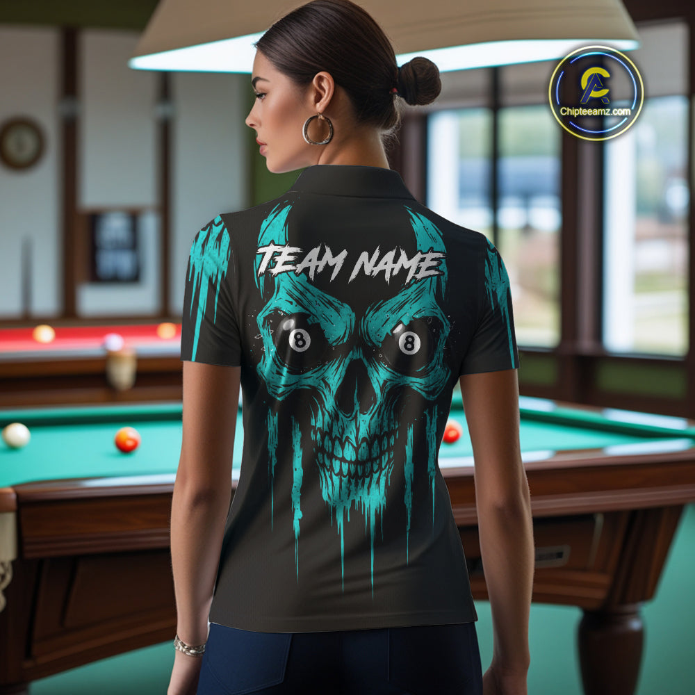 Turquoise Grunge Skull Billiard Jersey For Women Custom 8 Ball Pool Billiard Shirt Polo & 1/4 Zip TDM5074