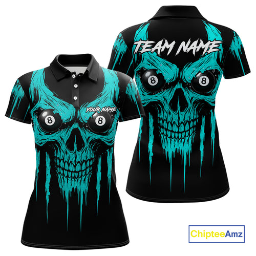 Turquoise Grunge Skull Billiard Jersey For Women Custom 8 Ball Pool Billiard Shirt Polo & 1/4 Zip TDM5074