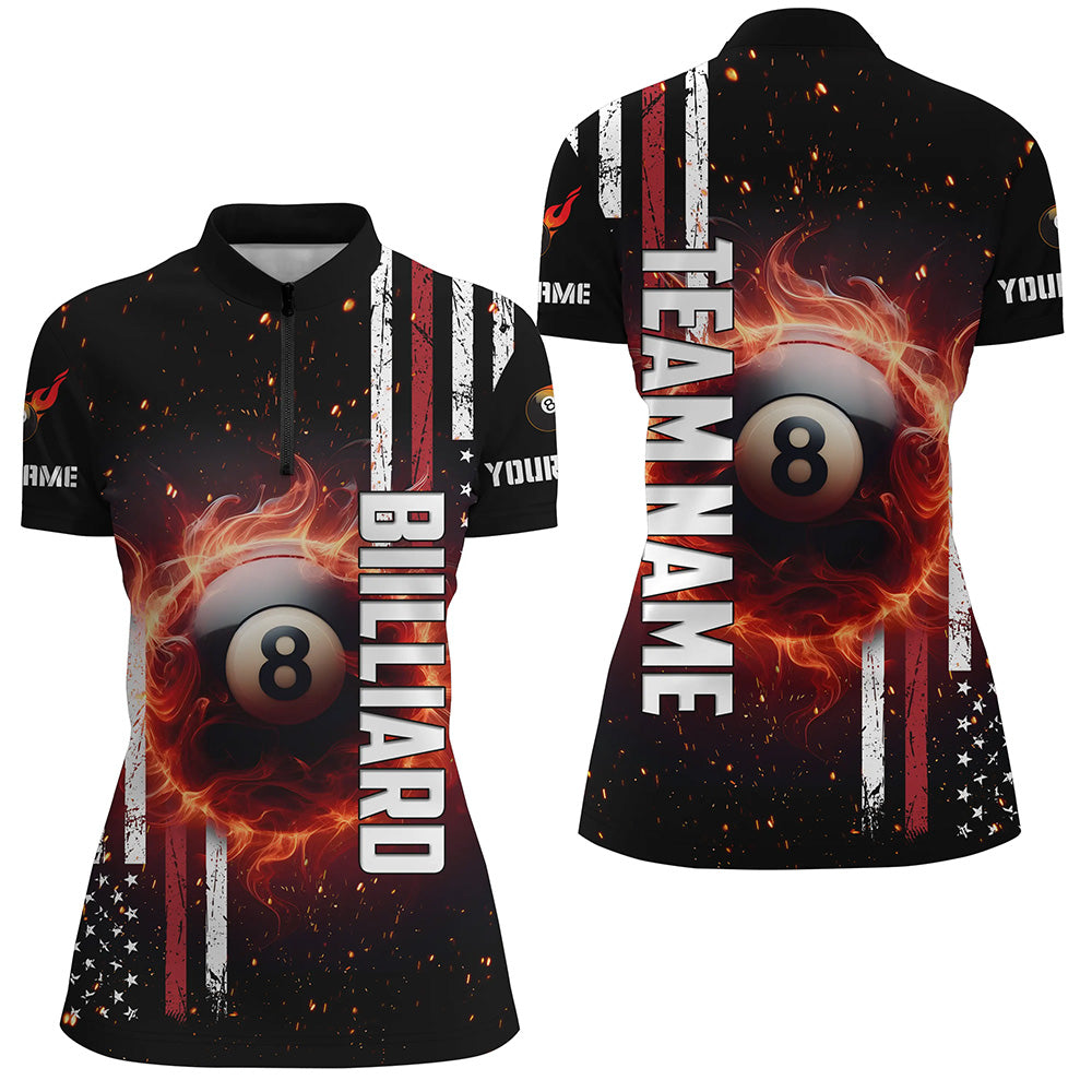 Personalized Flaming 8 Ball Pool Custom Patriotic Billiard Quarter-Zip Shirts For Women TDM0618
