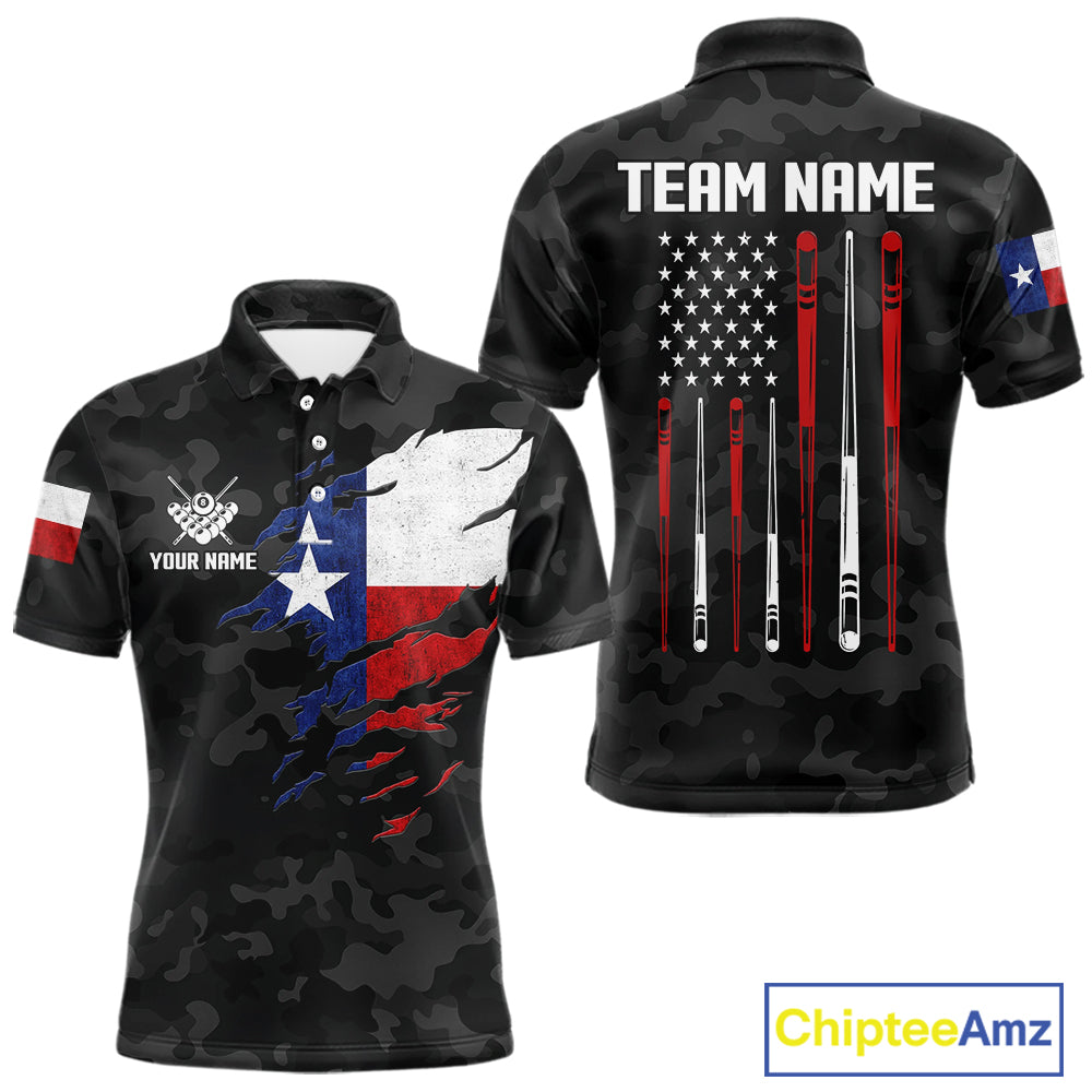 Personalized Texas American Flag Camo Billiard Shirt For Men Custom Patriotic Pool Team Jersey TDM5542