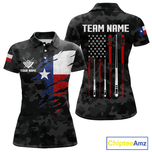Personalized Texas American Flag Camo Billiard Shirt For Women Custom Patriotic Pool Team Jersey TDM5542