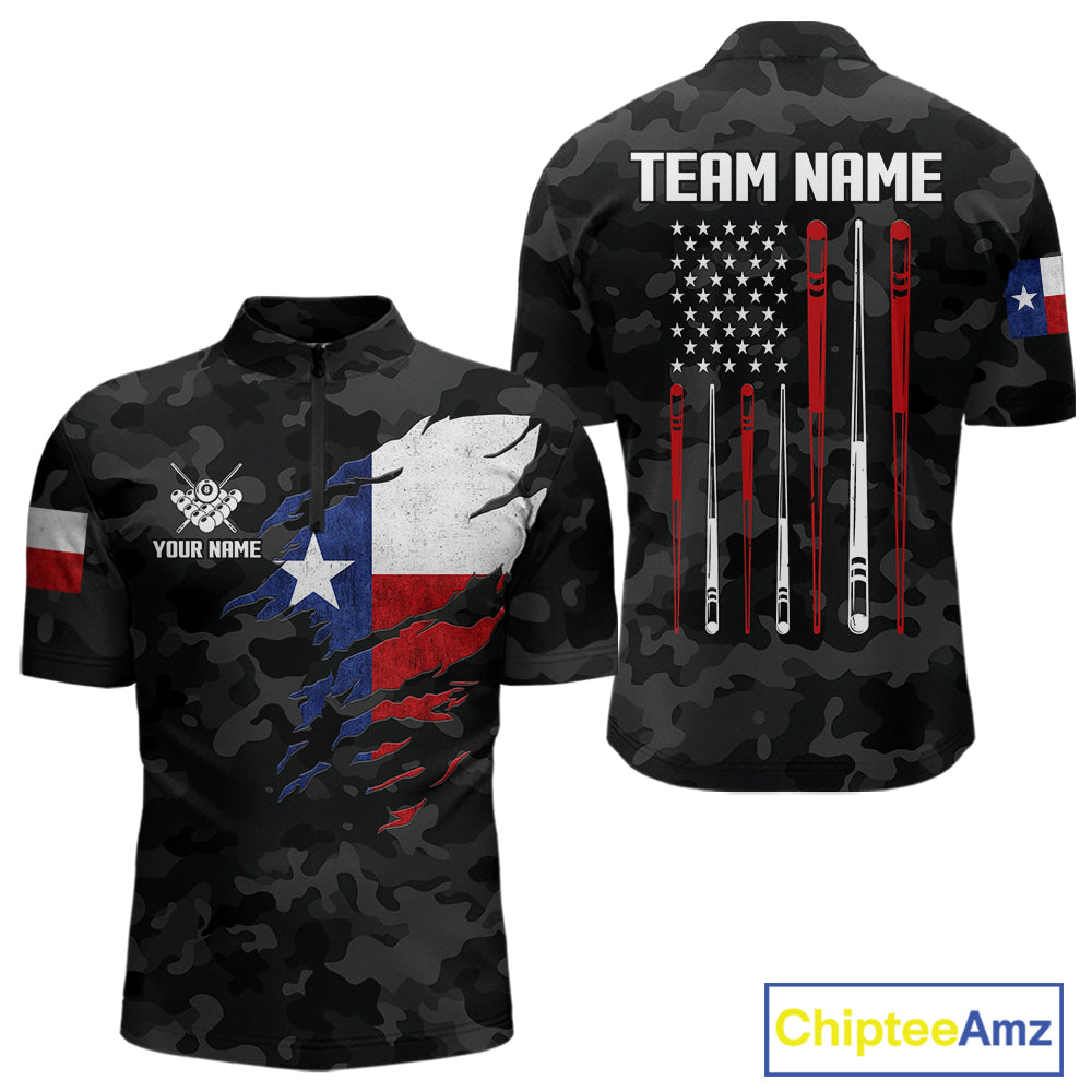 Personalized Texas American Flag Camo Billiard Shirt For Men Custom Patriotic Pool Team Jersey TDM5542