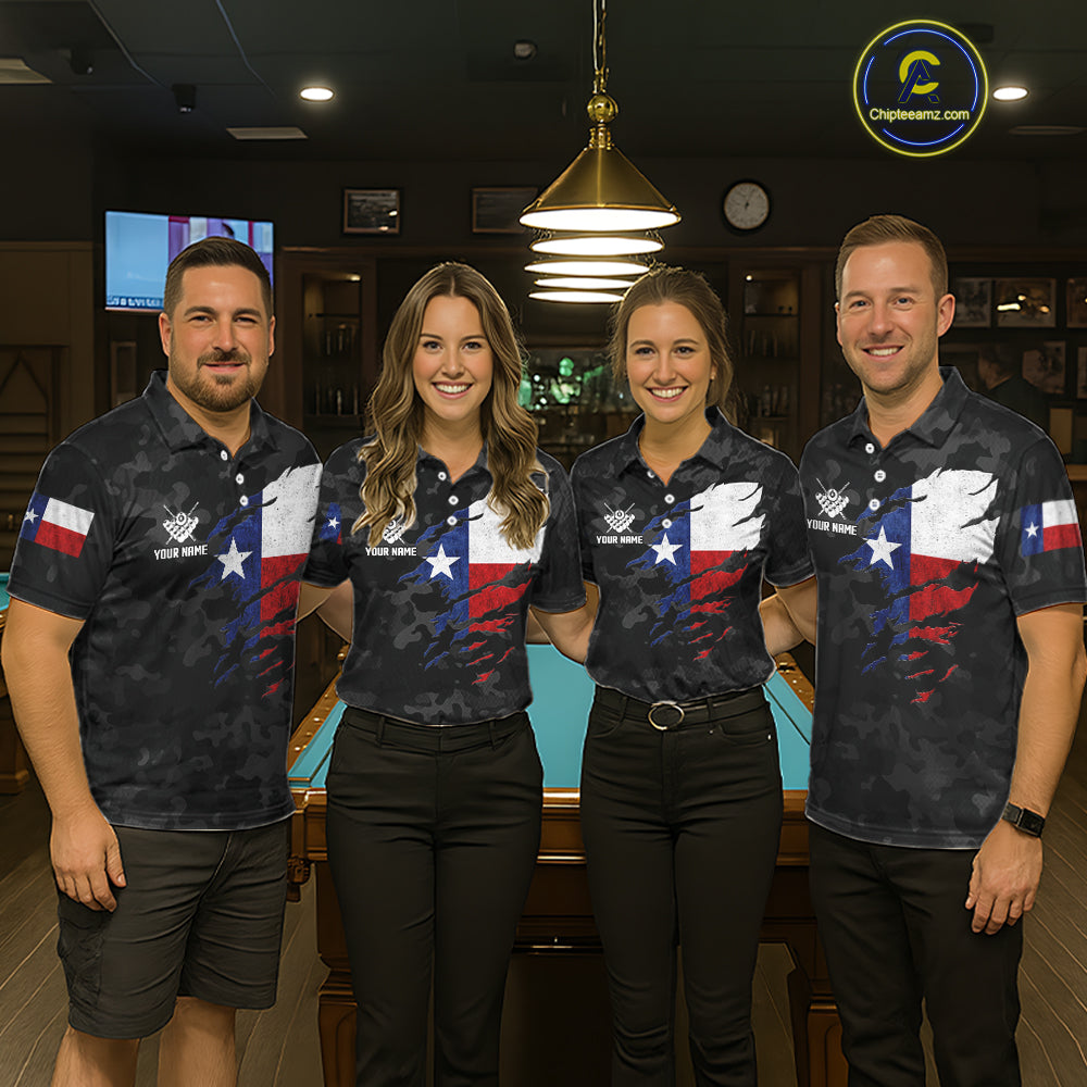 Personalized Texas American Flag Camo Billiard Shirt For Women Custom Patriotic Pool Team Jersey TDM5542
