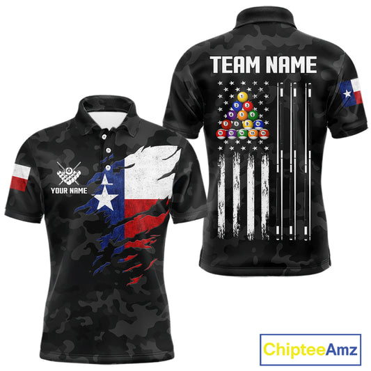 Personalized Texas & American Flag Camo Billiard Shirt For Men Custom Patriotic Pool Team Jersey TDM5543