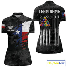 Load image into Gallery viewer, Personalized Texas &amp; American Flag Camo Billiard Shirt For Women Custom Patriotic Pool Team Jersey TDM5543