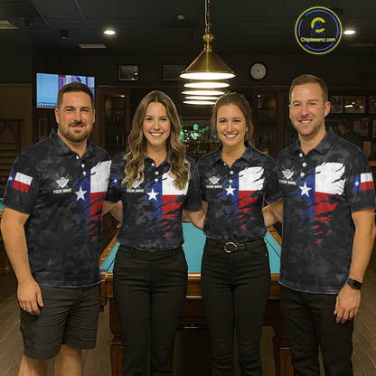 Personalized Texas & American Flag Camo Billiard Shirt For Women Custom Patriotic Pool Team Jersey TDM5543