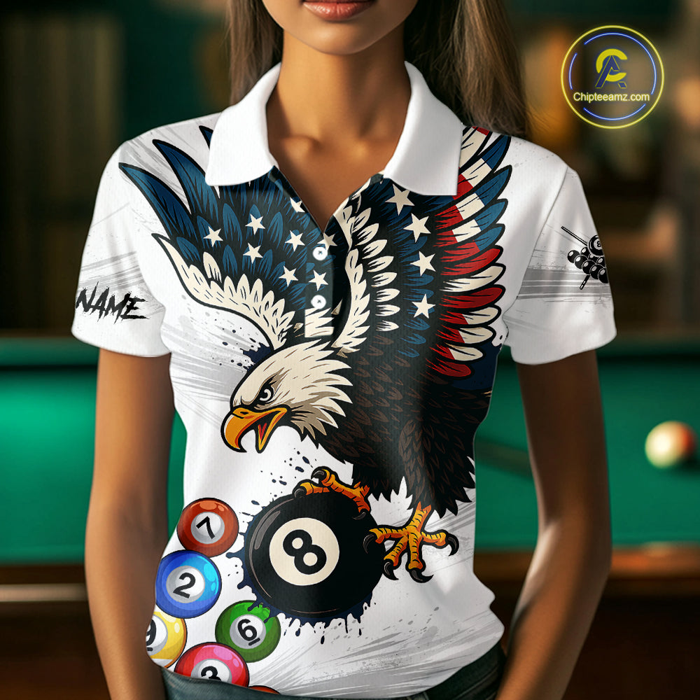 American Flag Eagle 8 Ball Pool Billiard Shirt For Women Custom Billiard Team Jersey Polo & 1/4 Zip TDM5550