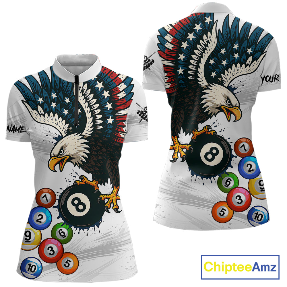 American Flag Eagle 8 Ball Pool Billiard Shirt For Women Custom Billiard Team Jersey Polo & 1/4 Zip TDM5550