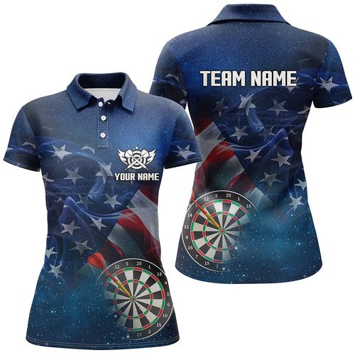 American Flag Universe Patriotic Custom Women Dart Polo Shirts, Personalized Darts Gift For Player TDM1306