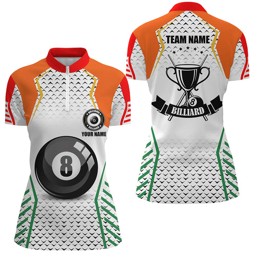 Custom Orange & Green Billiard Jerseys Women Quarter-Zip Shirt, 8 Ball Pool Billiard Uniform TDM1310