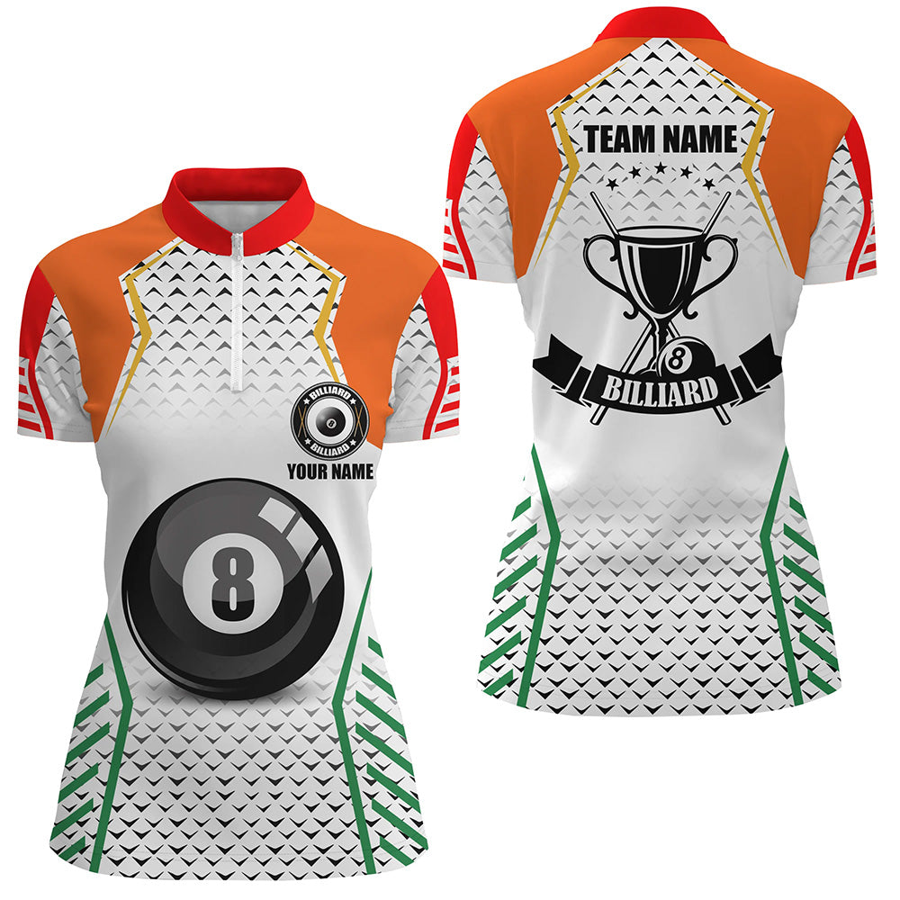 Custom Orange & Green Billiard Jerseys Women Quarter-Zip Shirt, 8 Ball Pool Billiard Uniform TDM1310