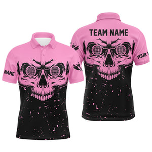 Customized Grunge Pink Black Skull Darts Men Polo & Quarter-Zip Shirts, Team League Darts Shirts TDM1887