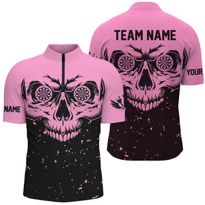 Customized Grunge Pink Black Skull Darts Men Polo & Quarter-Zip Shirts, Team League Darts Shirts TDM1887