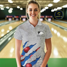 Load image into Gallery viewer, Woman wearing a blue grunge scratch bowling polo shirt front view, custom bowling league jersey for women.