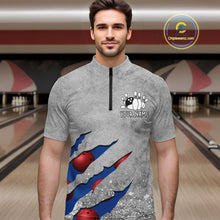 Load image into Gallery viewer, Man wearing a blue grunge scratch quarter zip bowling shirt front view, personalized bowling team apparel.