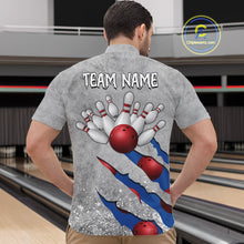Load image into Gallery viewer, Back view of man wearing a blue grunge scratch quarter zip bowling shirt, bowling league team uniform.