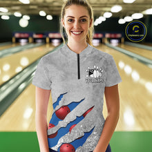 Load image into Gallery viewer, Woman wearing a blue grunge scratch quarter zip bowling shirt front view, personalized bowling team apparel.