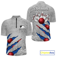 Load image into Gallery viewer, Blue grunge scratch quarter zip bowling shirt for men, custom bowling team jersey and tournament apparel.