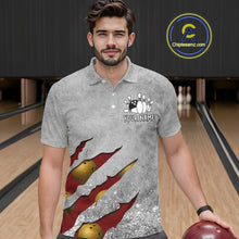 Load image into Gallery viewer, Man wearing a red grunge scratch bowling polo shirt front view, custom bowling league jersey for men.