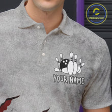 Load image into Gallery viewer, Close up of collar, chest and button details on a red grunge scratch men's bowling polo shirt.