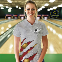 Load image into Gallery viewer, Woman wearing a red grunge scratch bowling polo shirt front view, custom bowling league jersey for women.